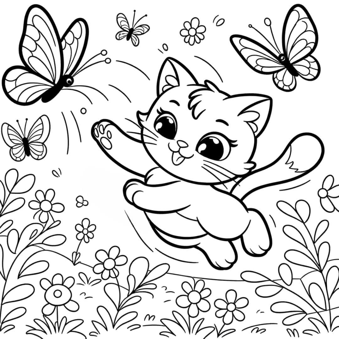 Dessin à colorier Chat jouant avec des papillons