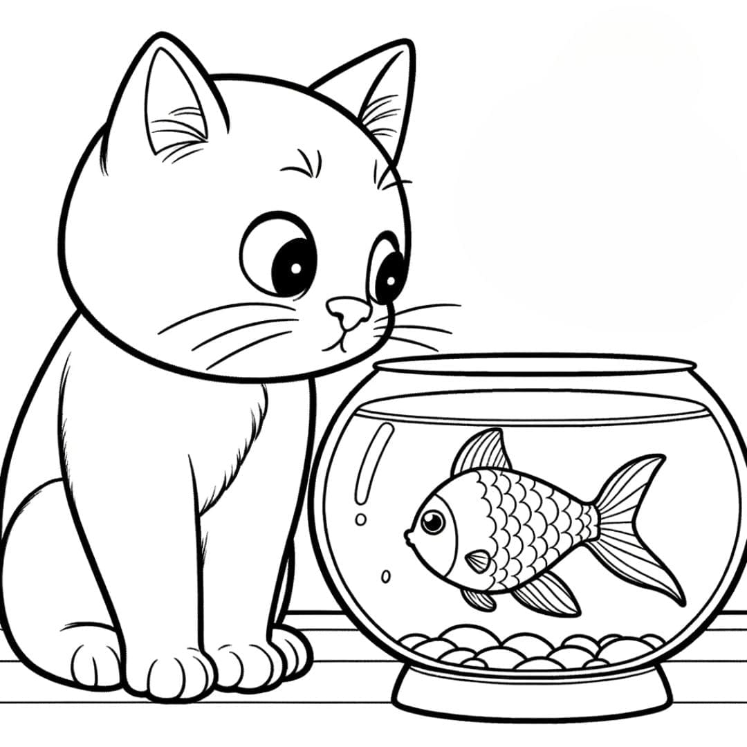 Dessin à colorier Chat observant des poissons