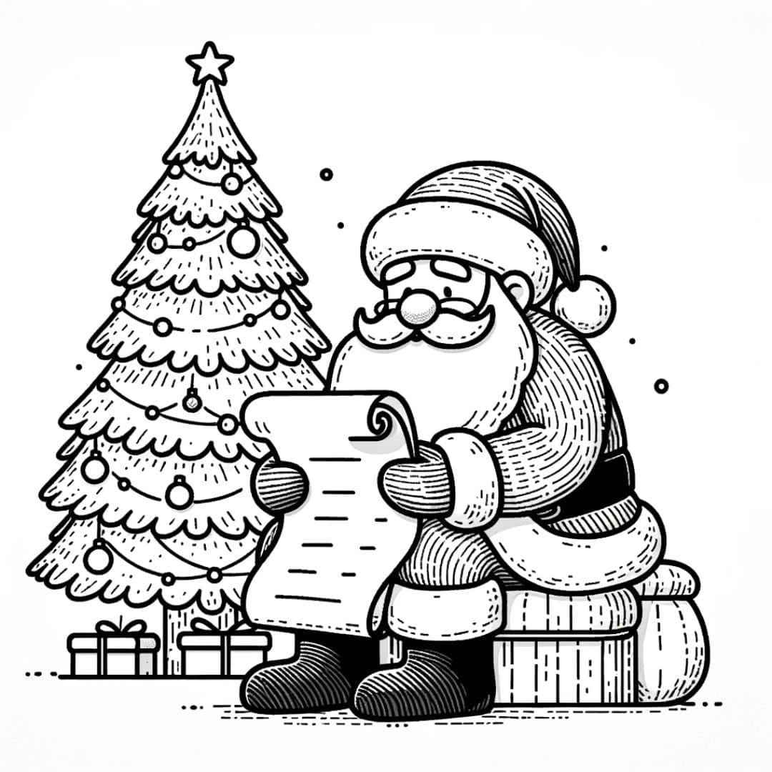 Père Noël vérifiant la liste des enfants sages devant un sapin de Noël.