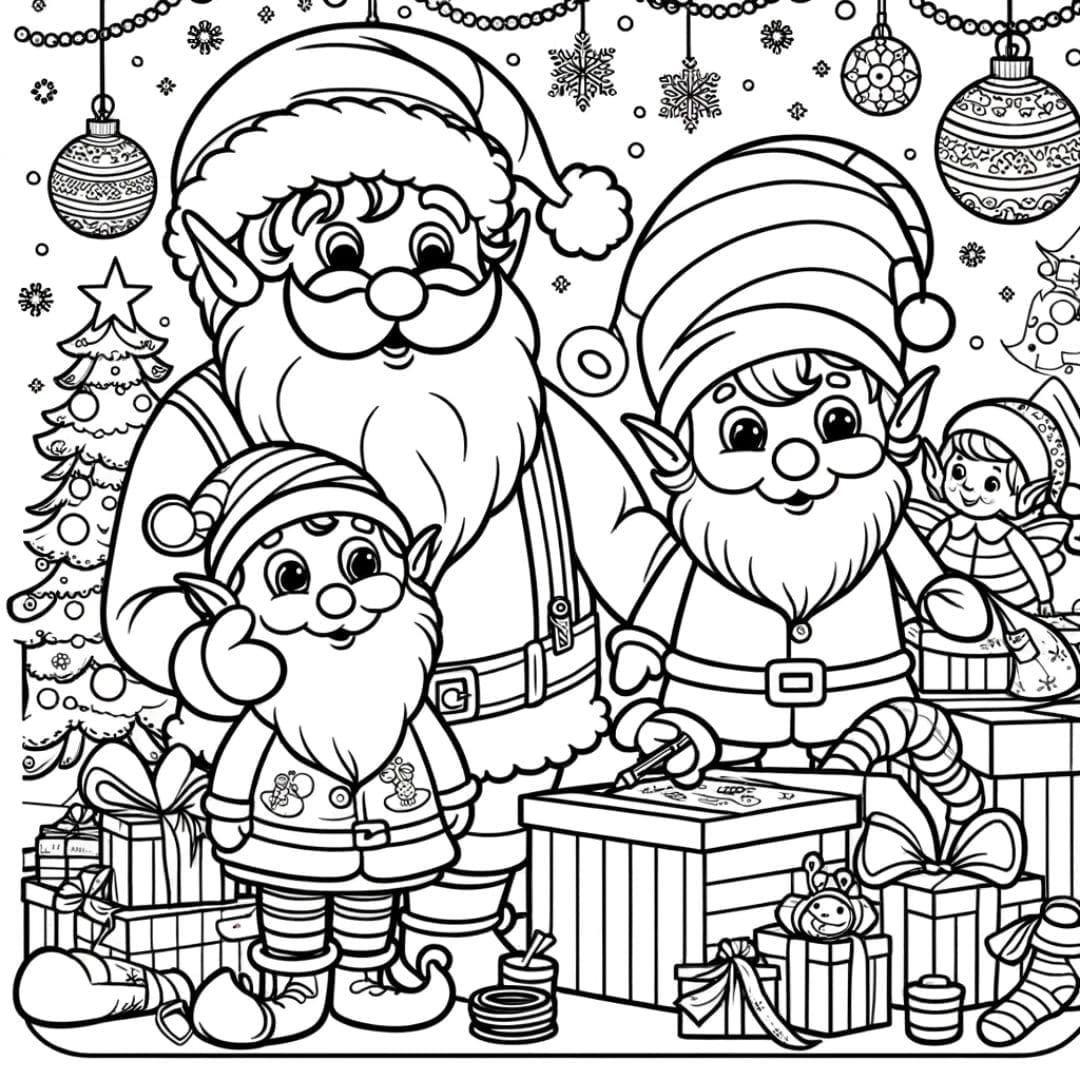 Père Noël souriant entouré de lutins aidants dans l'atelier de Noël.