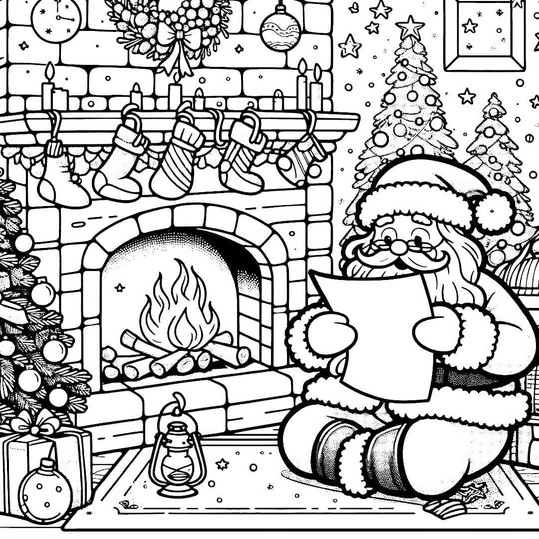 Père Noël lisant des lettres d'enfants à côté d'une cheminée décorée.
