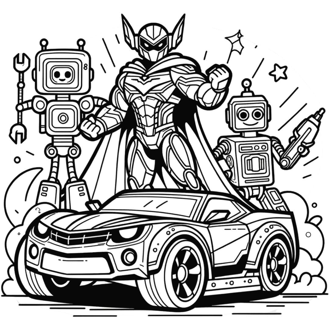 Dessin à colorier Voiture super-héros et robots en mission