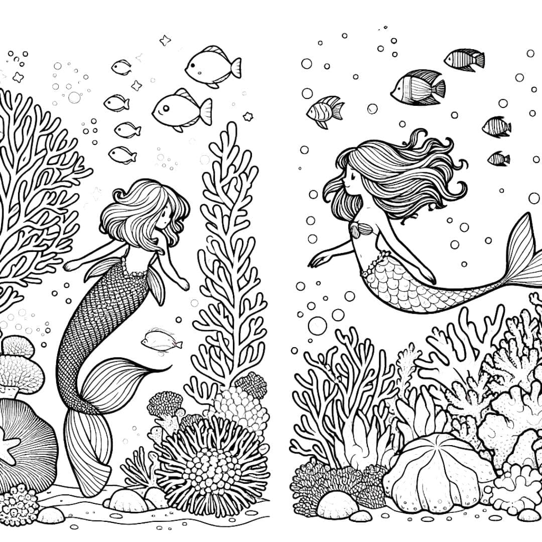 Adventurous mermaid exploring a coral reef, suitable for ages 4-7