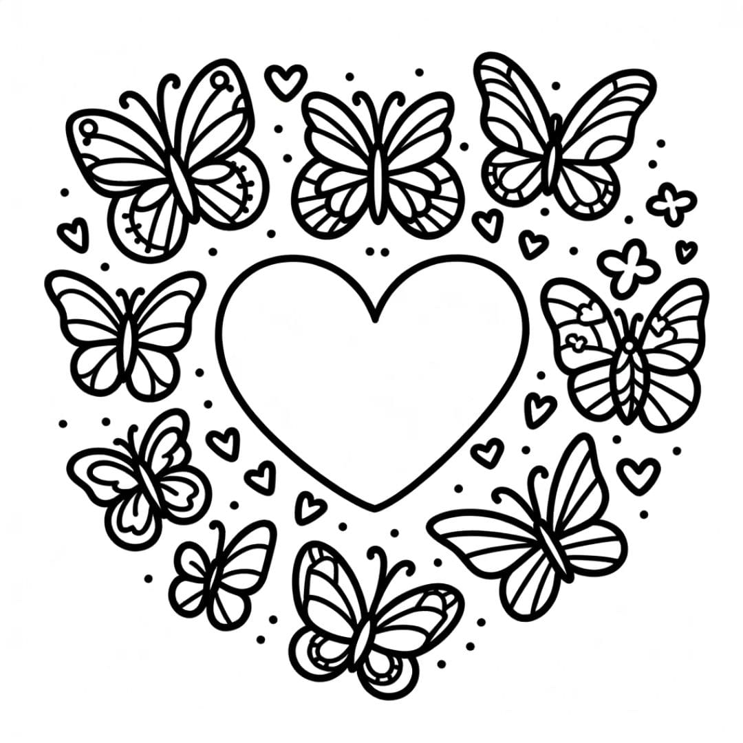 Cœur entouré de papillons pour coloriage facile