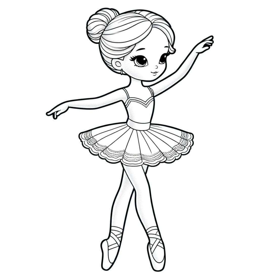 Image à colorier de poupée danseuse étoile en pose de ballet, idéale pour les enfants passionnés de danse et de performance.