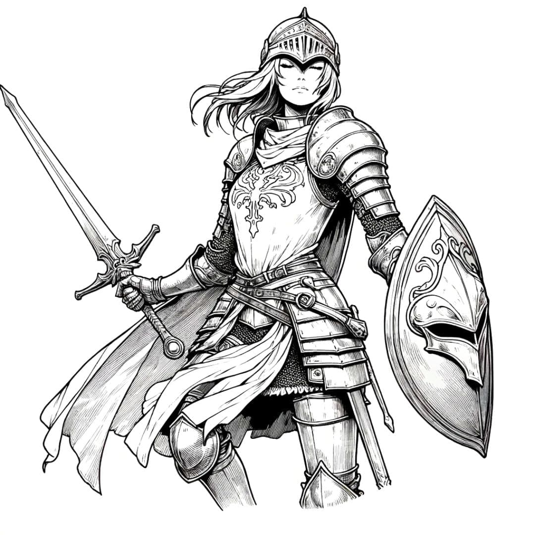 Dessin à colorier difficile de chevalier féminin en pose héroïque, vêtu d'une armure élégante