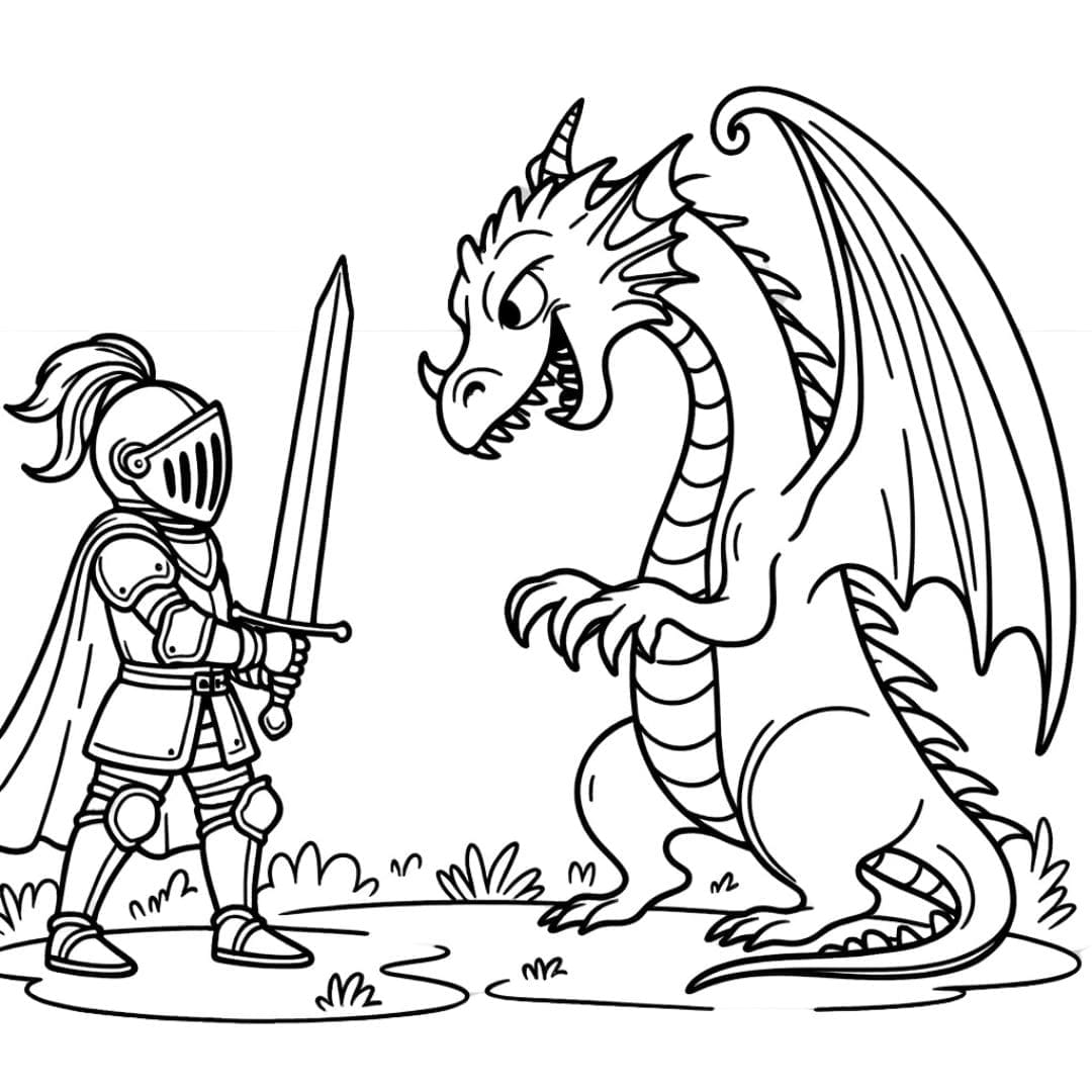 Dessin à colorier de chevalier confrontant un dragon pour enfants
