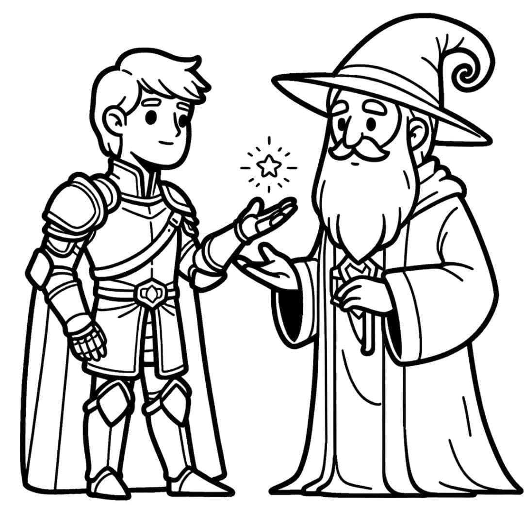 Dessin à colorier de chevalier parlant avec un sorcier pour enfants
