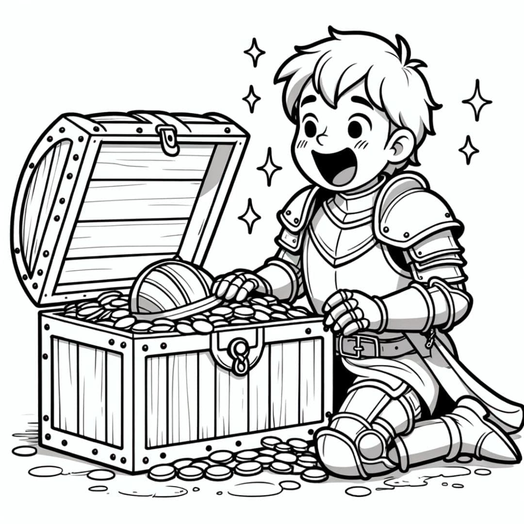 Dessin à colorier de chevalier découvrant un trésor pour enfants