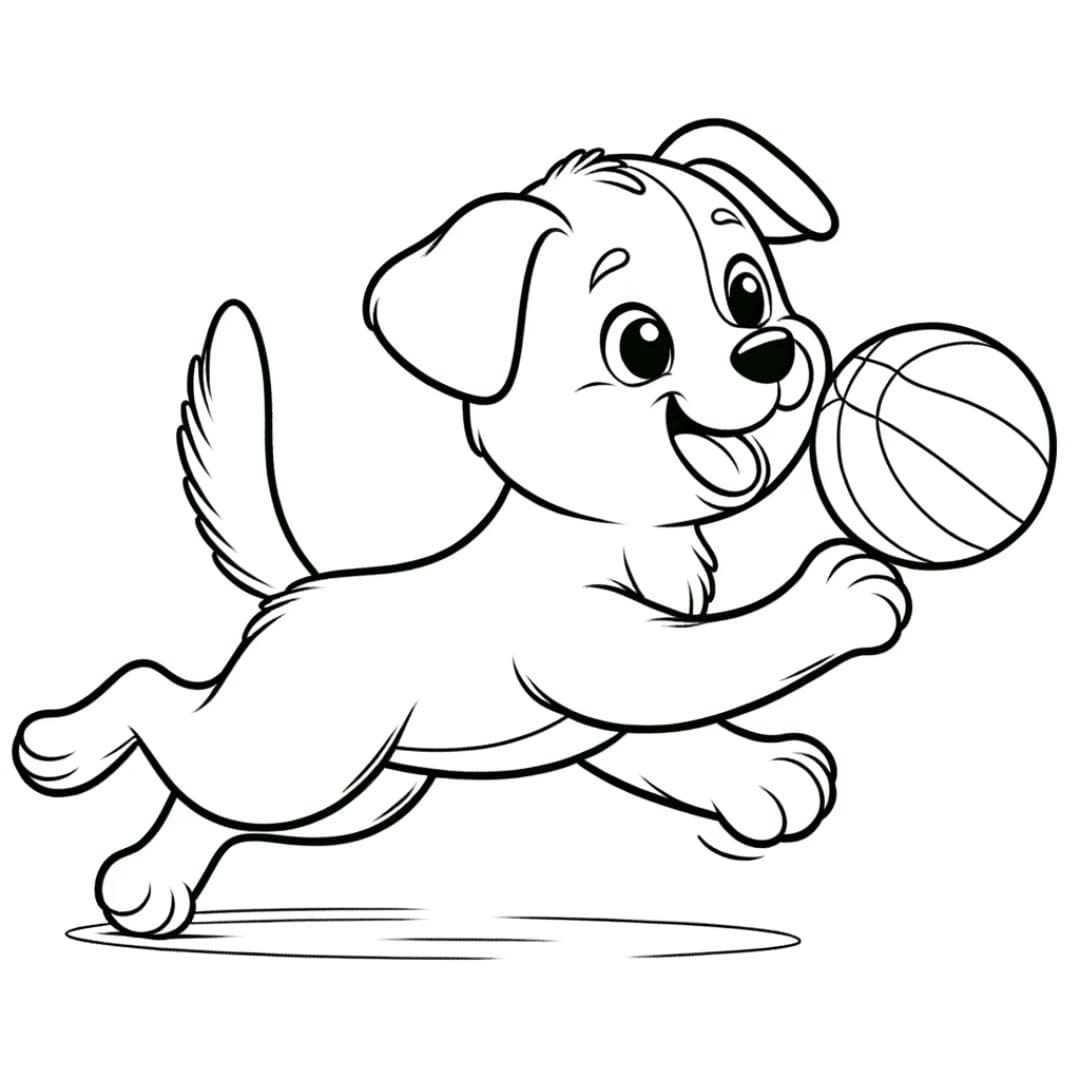 Dessin à colorier de chien jouant avec une balle pour enfants