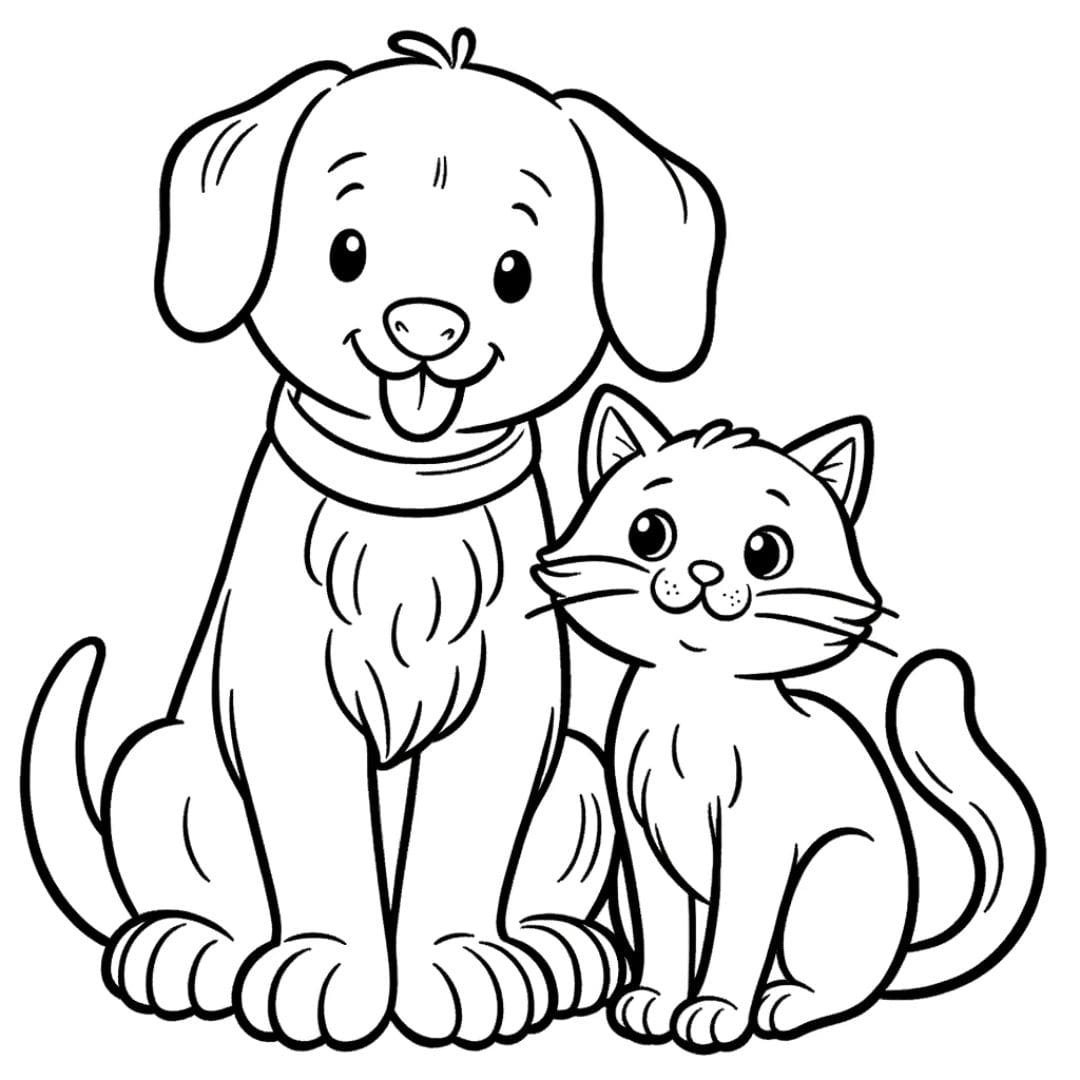 Dessin à colorier de chien et chat amis pour enfants