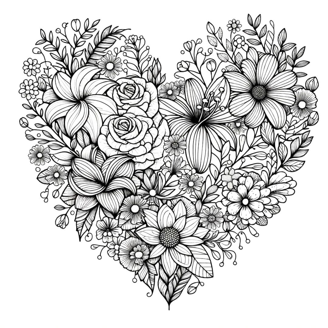 Cœur entrelacé avec des fleurs pour coloriage adulte