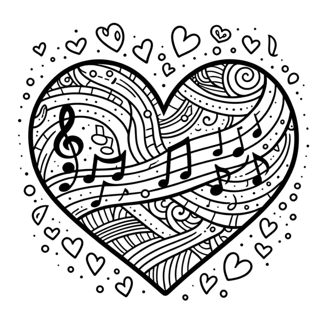 Coeur avec notes de musique pour coloriage