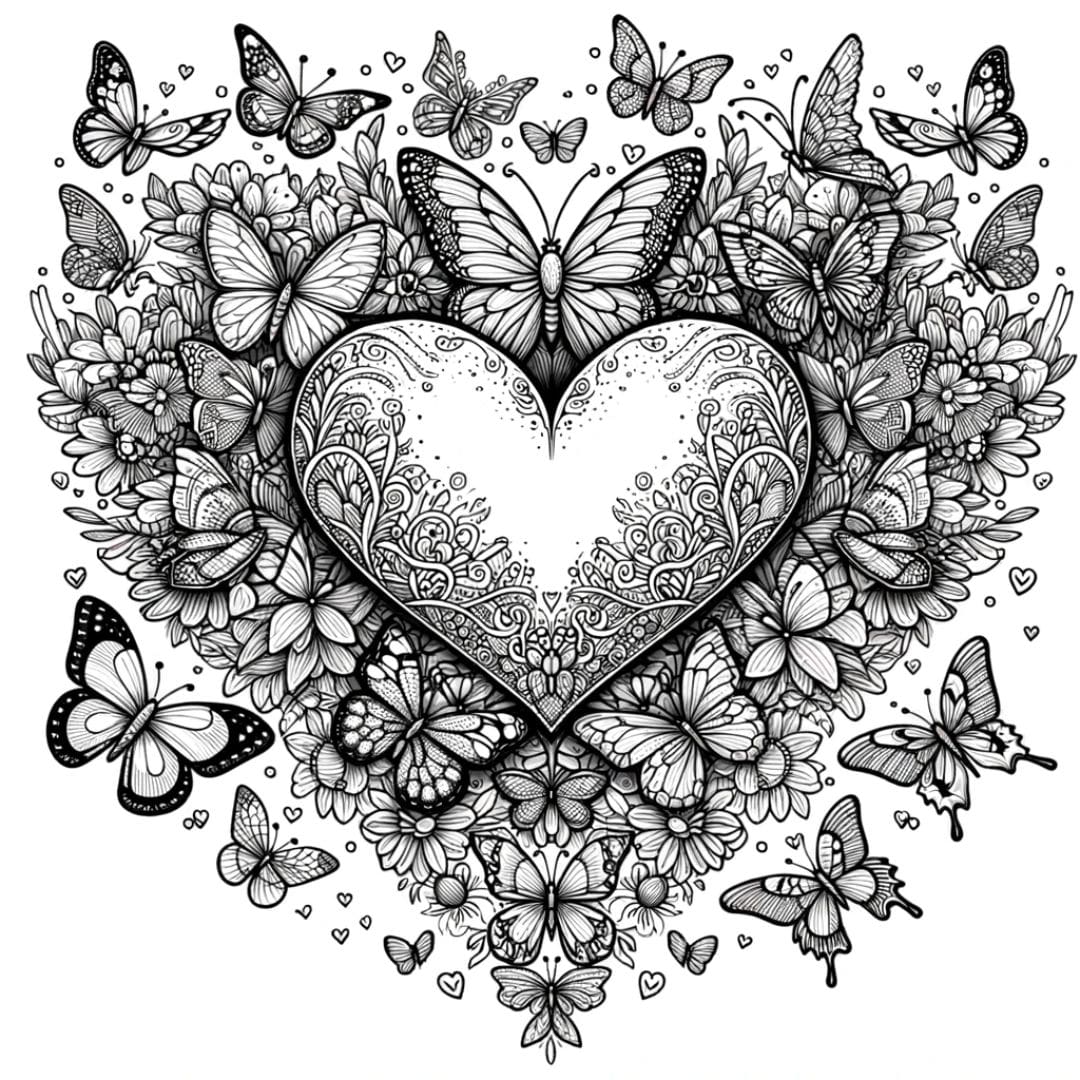 Cœur avec papillons détaillés pour coloriage adulte