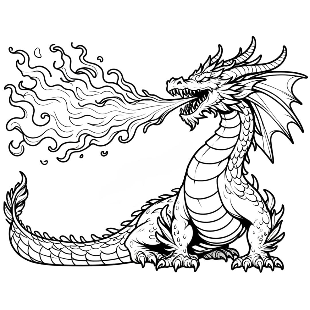 Dessin à colorier de dragon crachant du feu pour enfants