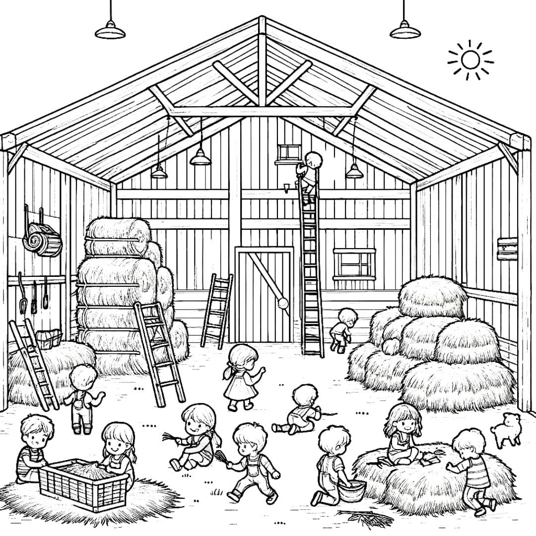 Enfants jouant dans une grange de ferme
