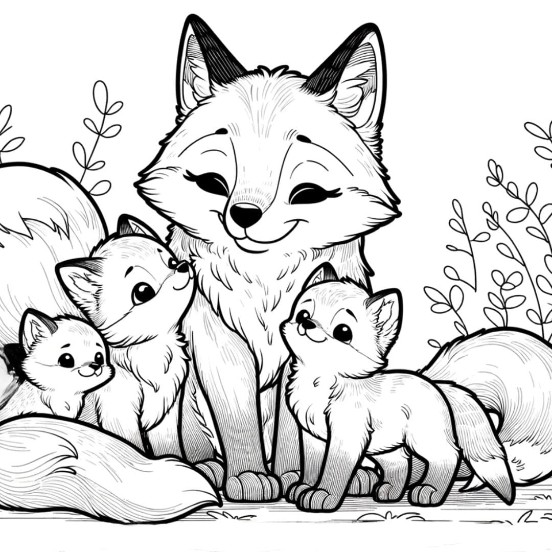 Famille de renards dans un moment de tendresse, dessin à colorier