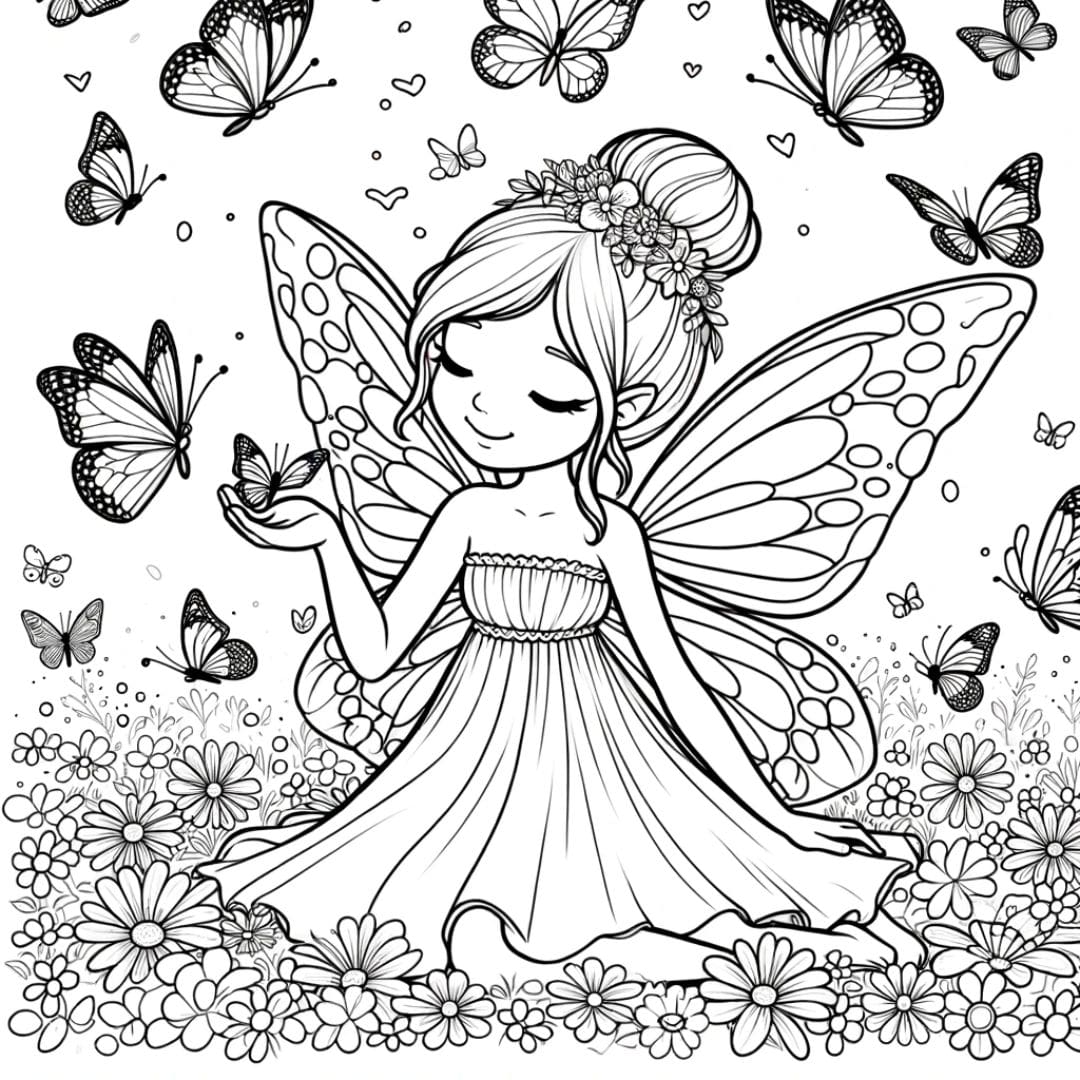 Dessin à colorier de fée et papillons pour enfants