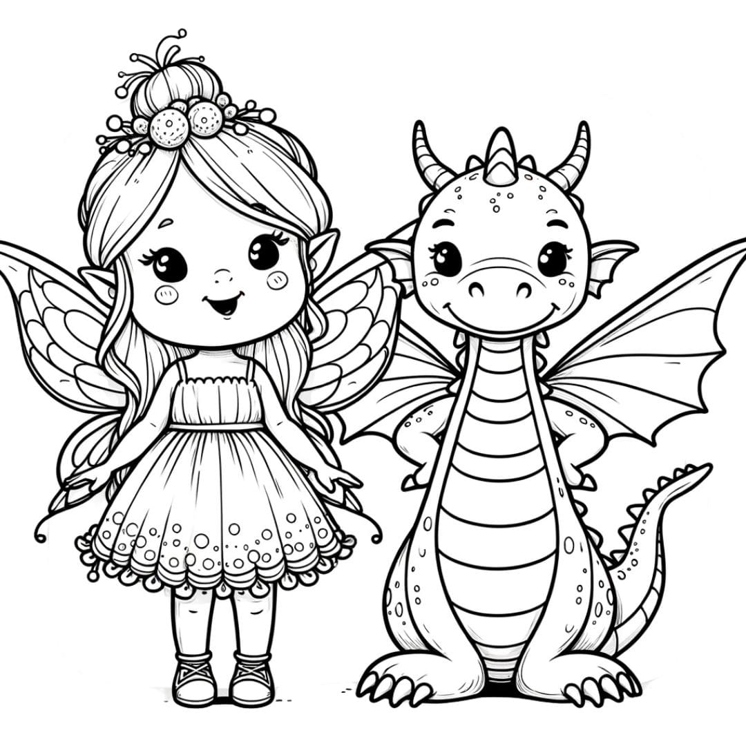 Dessin à colorier de fée et son ami dragon pour enfants