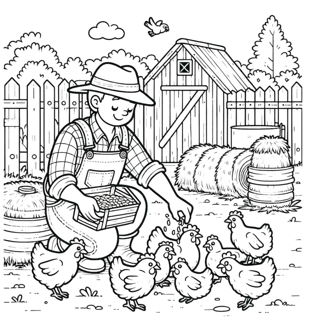 Dessin à colorier d'un Fermier nourrissant les poules