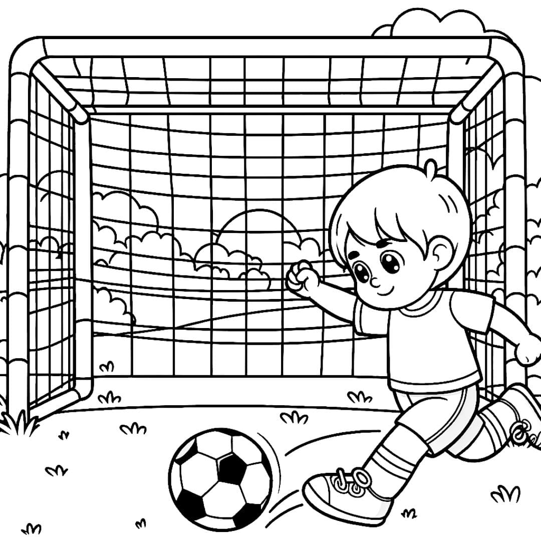 Dessin à colorier d'un enfant jouant au football dans un parc