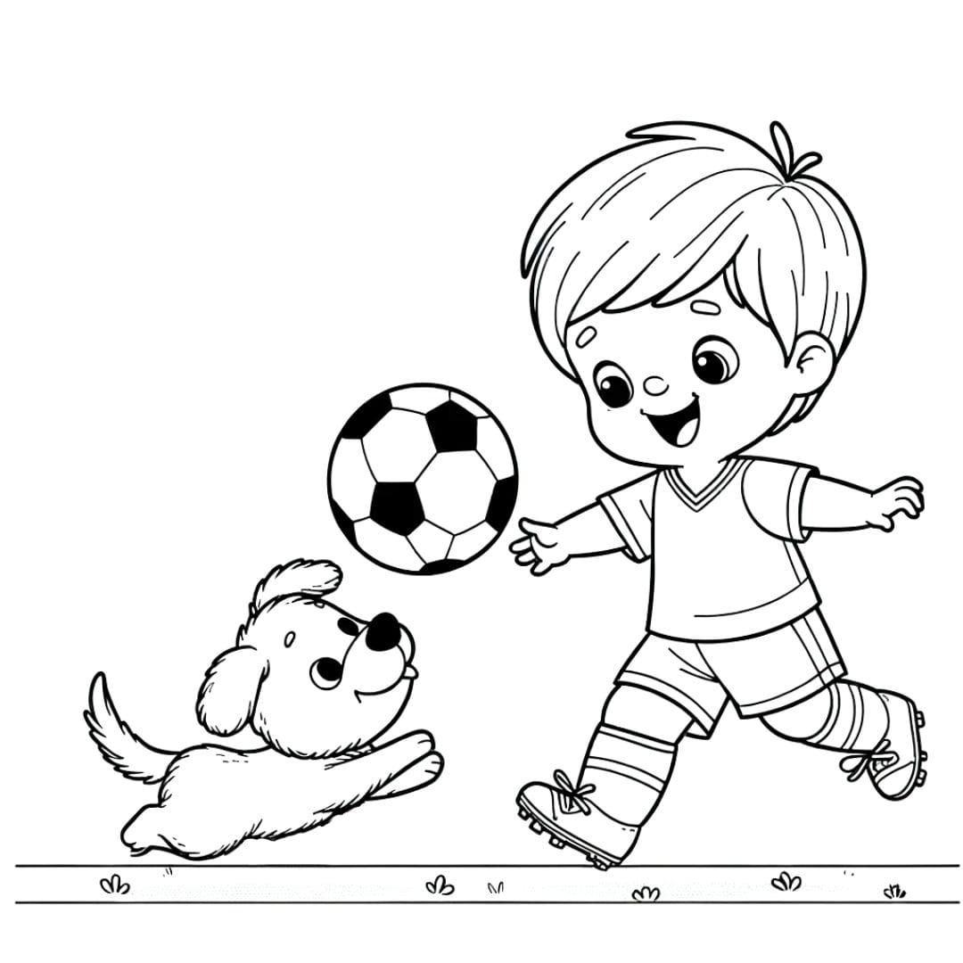 Dessin à colorier d'un enfant jouant au football avec un chien