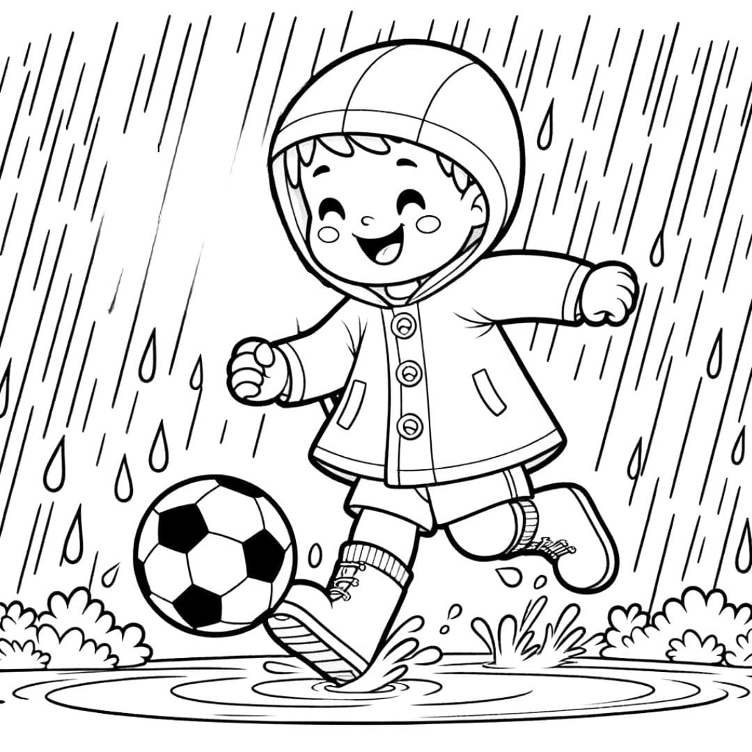 Dessin à colorier d'un enfant jouant au football sous la pluie