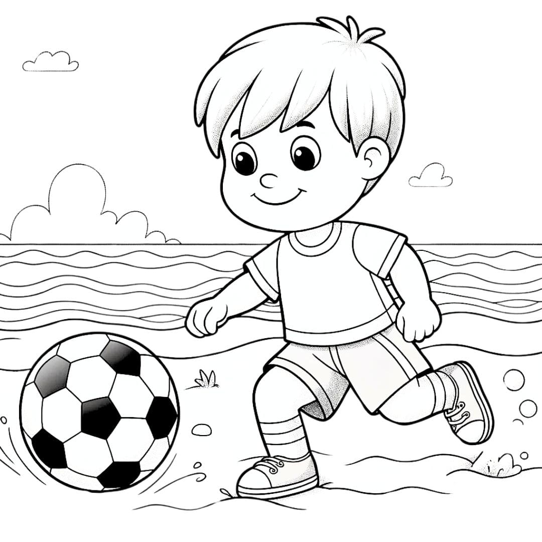 Dessin à colorier d'un enfant jouant au football sur la plage