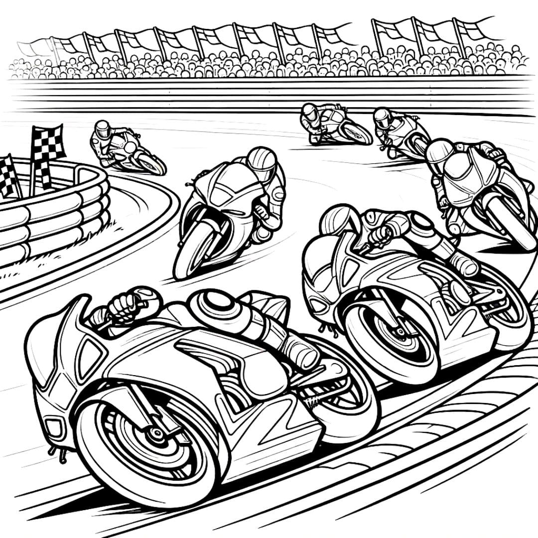 Dessin à colorier d'une grande course de motos sur circuit