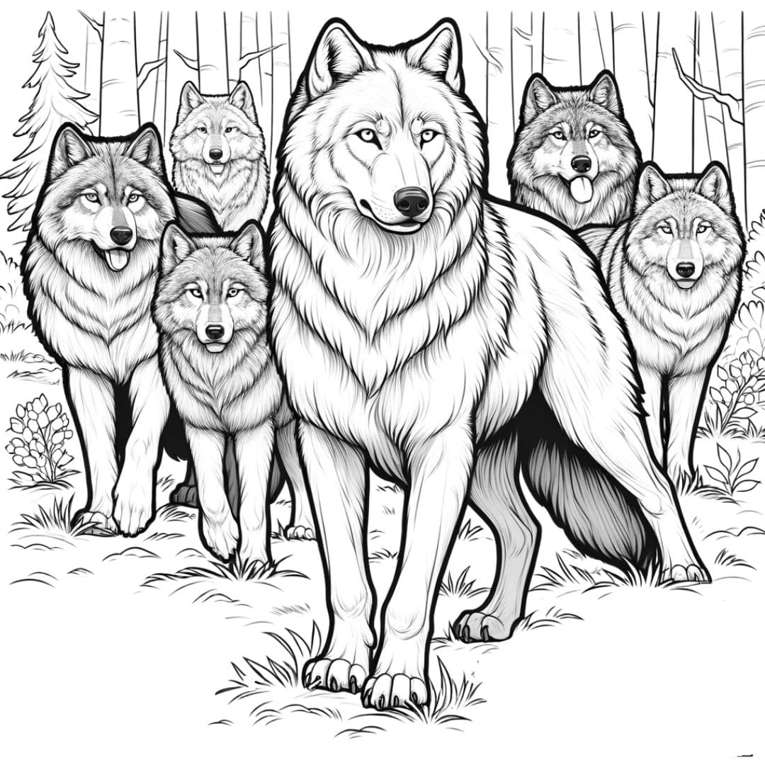 Coloriage d'un loup alpha et sa meute