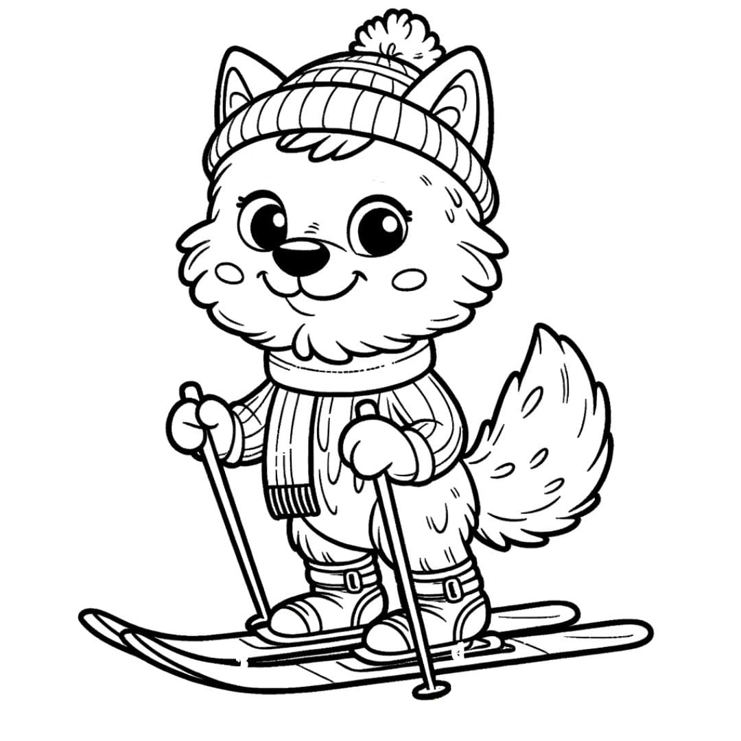 Coloring drawing of a wolf skiing