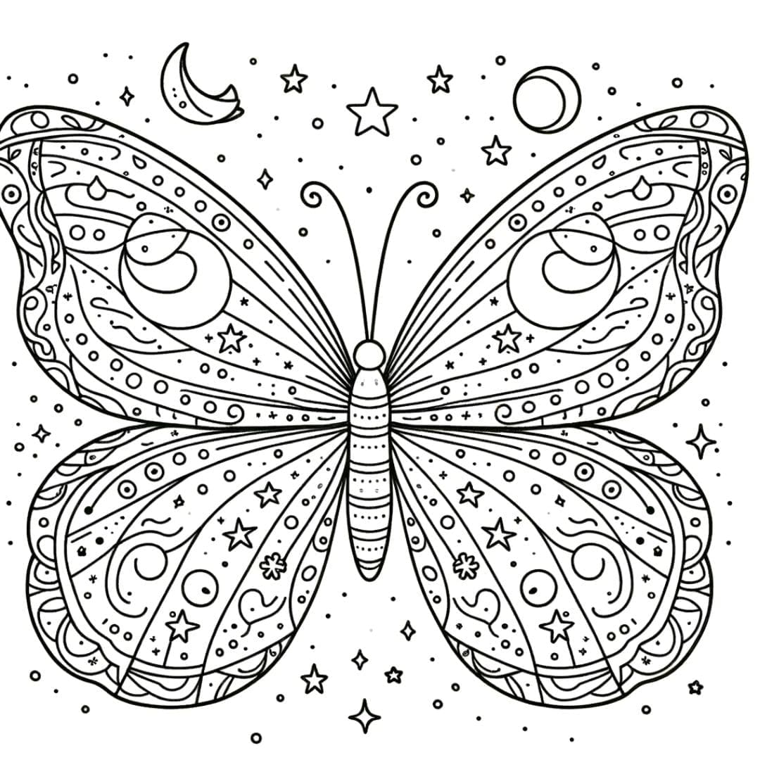 Dessin à colorier de papillon avec des motifs cosmiques