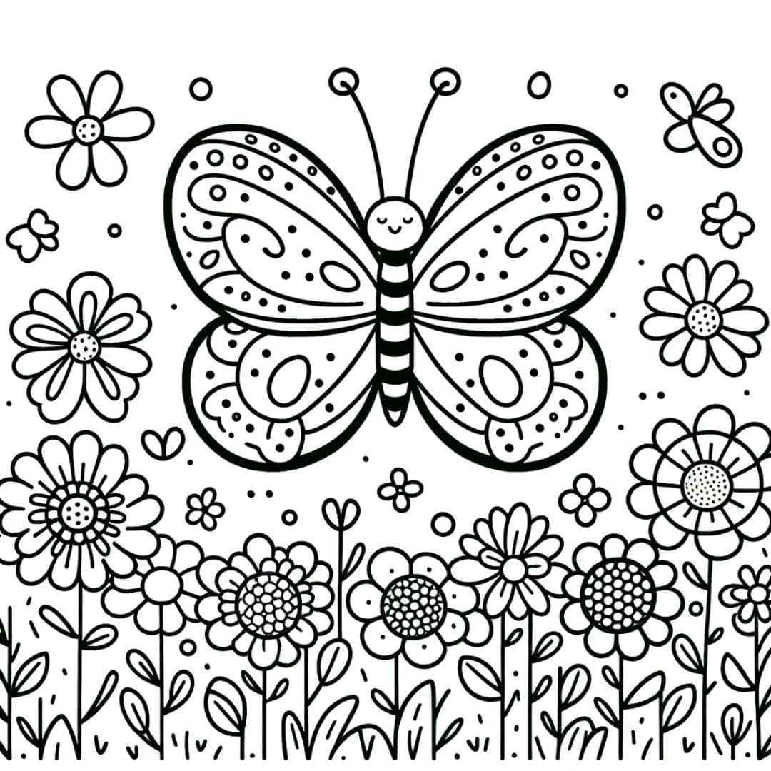 Dessin à colorier de papillon s'amusant dans un champ de fleurs