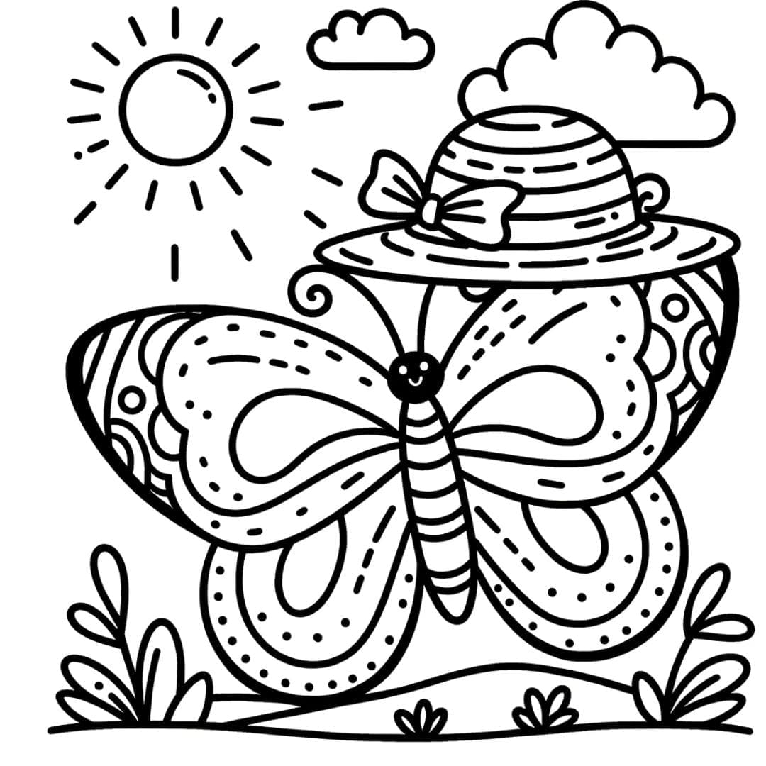 Dessin à colorier de papillon posé sur un chapeau de soleil