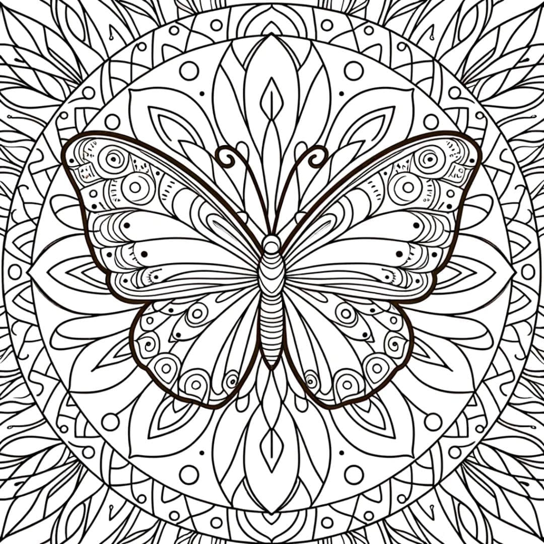 Dessin à colorier de papillon au centre d'un mandala