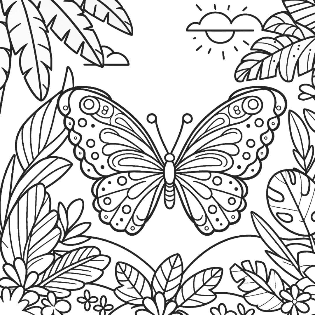 Dessin à colorier de papillon exotique dans une jungle luxuriante