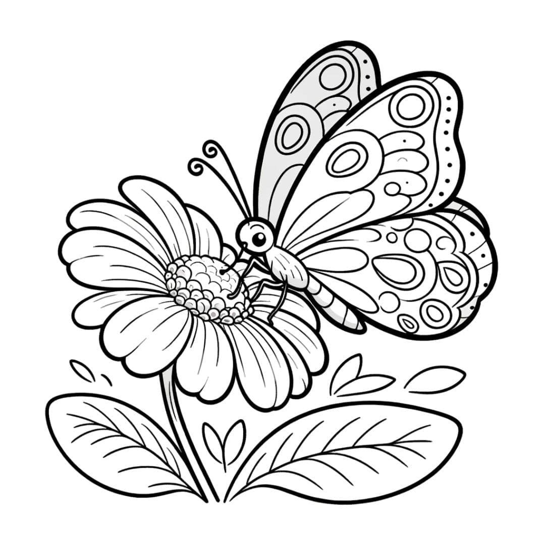 Dessin à colorier de papillon se reposant sur une fleur