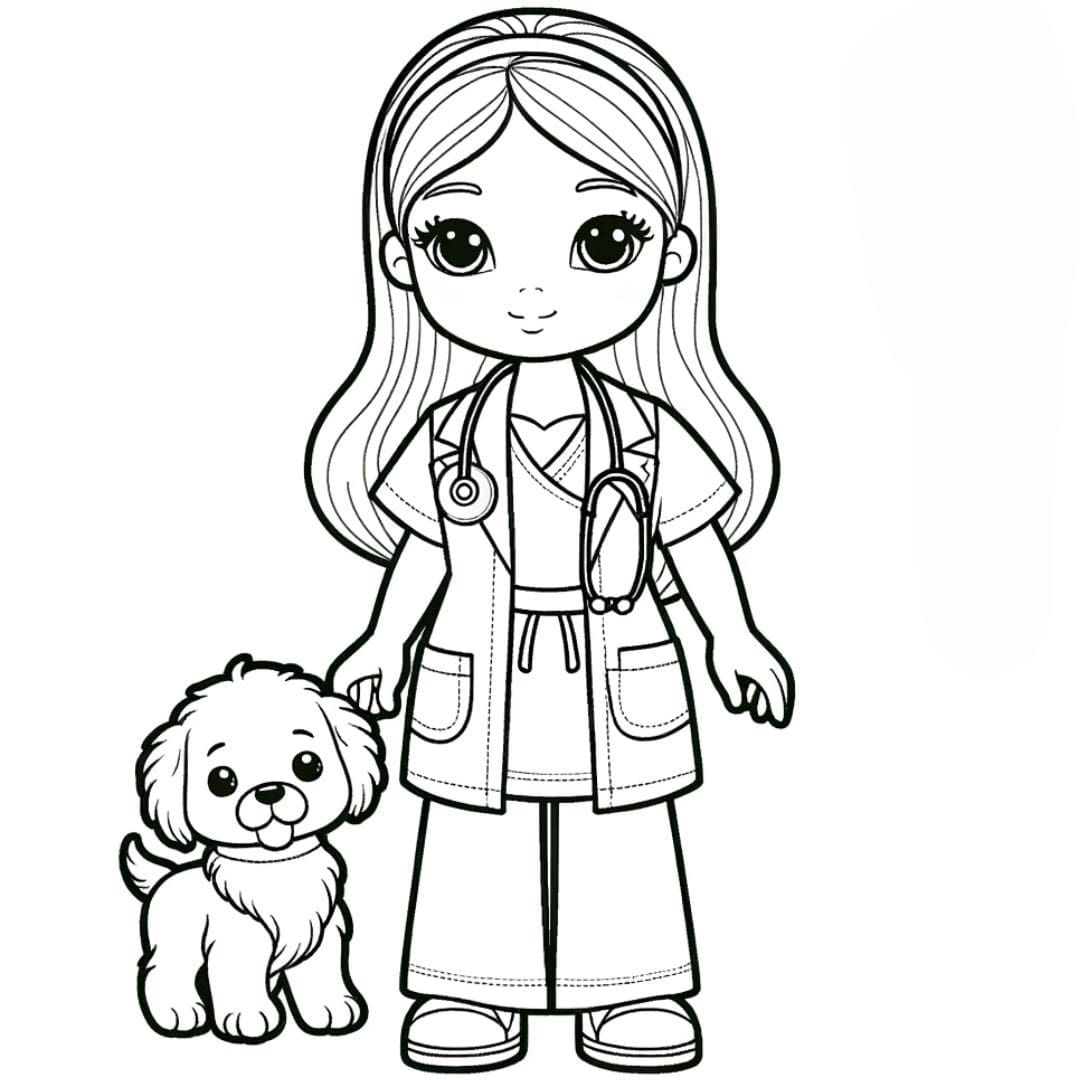 Image à colorier de poupée vétérinaire tenant un chiot, parfaite pour les enfants aimant les animaux et le coloriage.