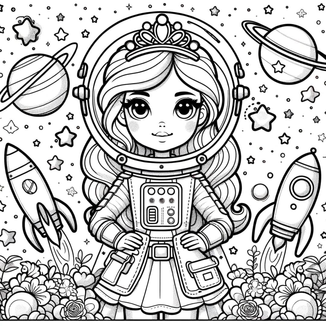 Dessin à colorier représentant une princesse en costume d'astronaute flottant dans l'espace, entourée de planètes, d'étoiles et de galaxies
