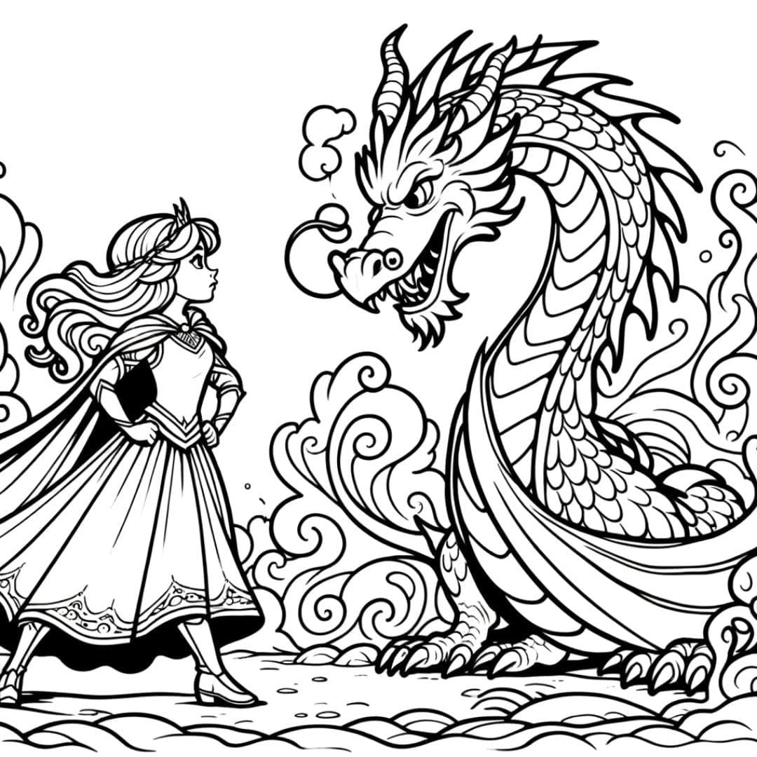 Dessin à colorier Princesse courageuse face à un dragon