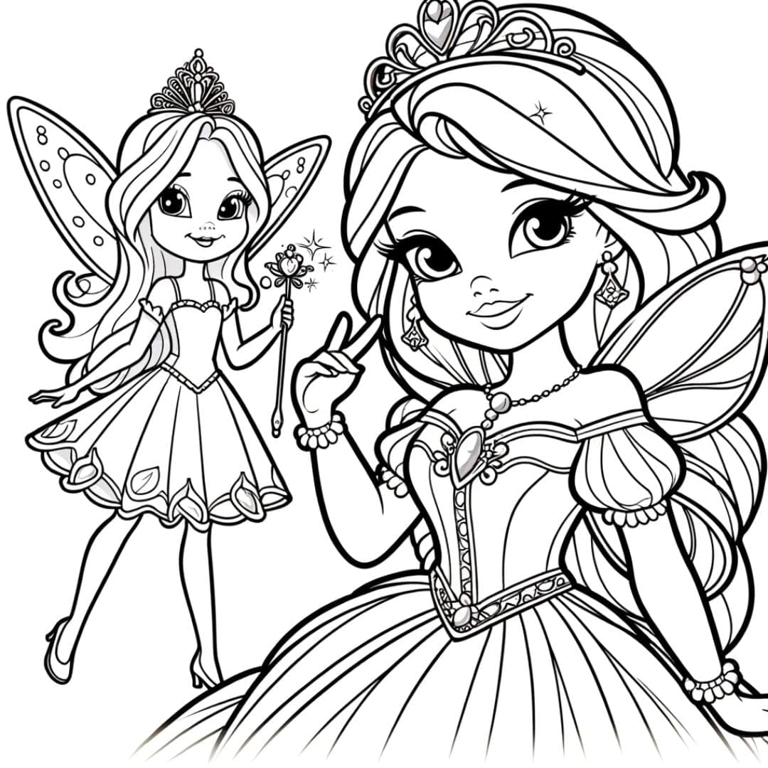 Dessin à colorier Princesse avec une amie fée