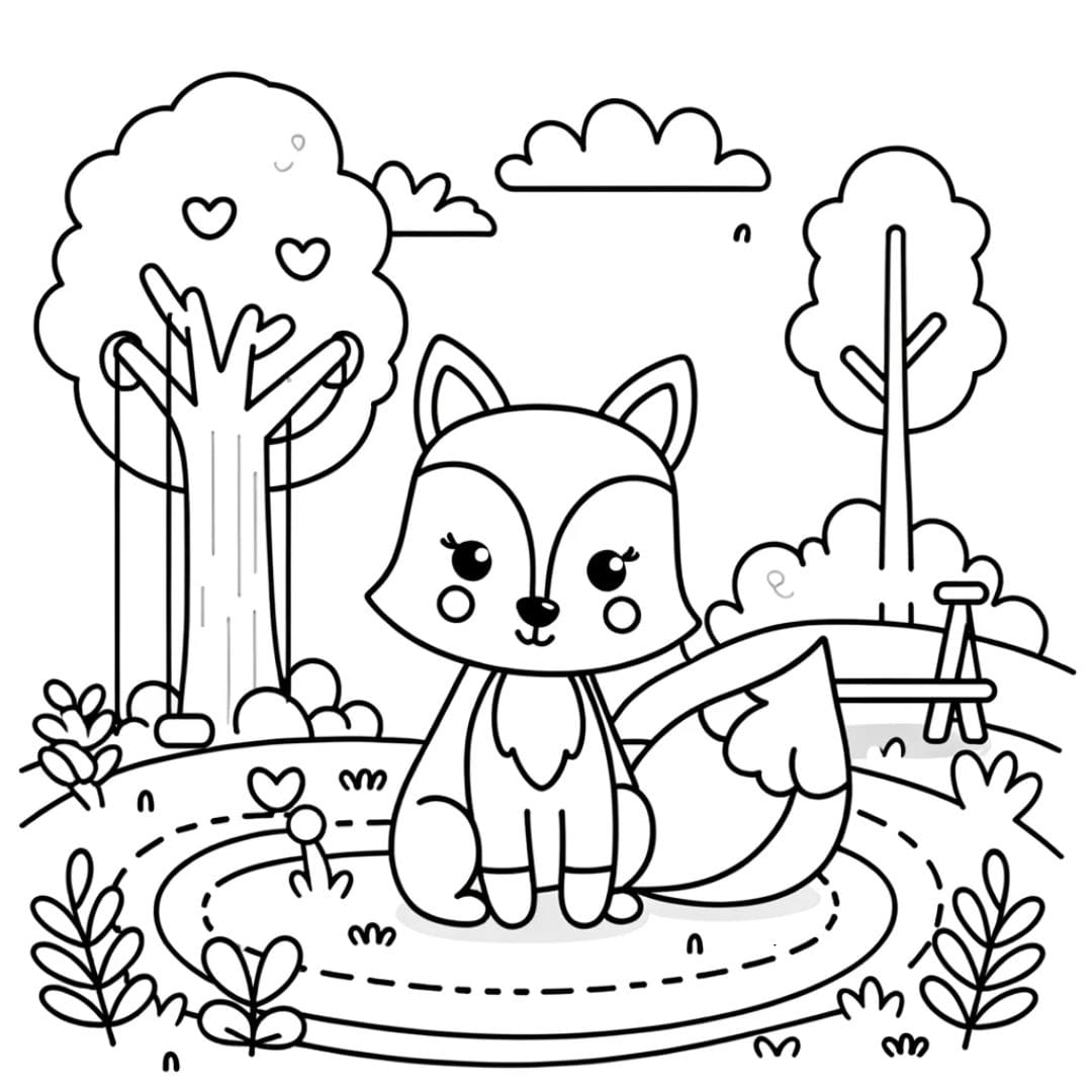 Fox walking in the park, coloring drawing for children