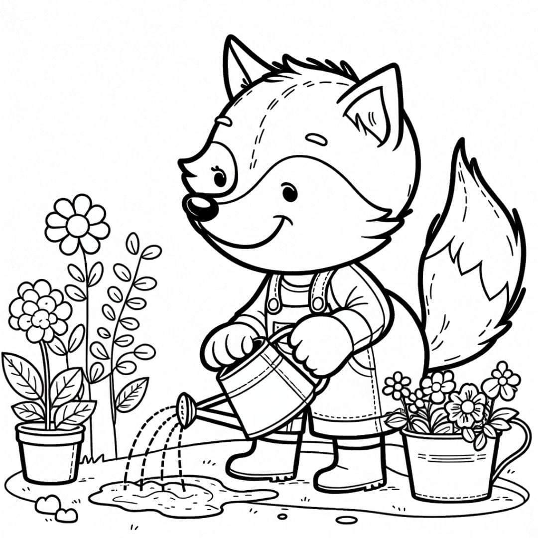 Fox planting flowers, coloring drawing