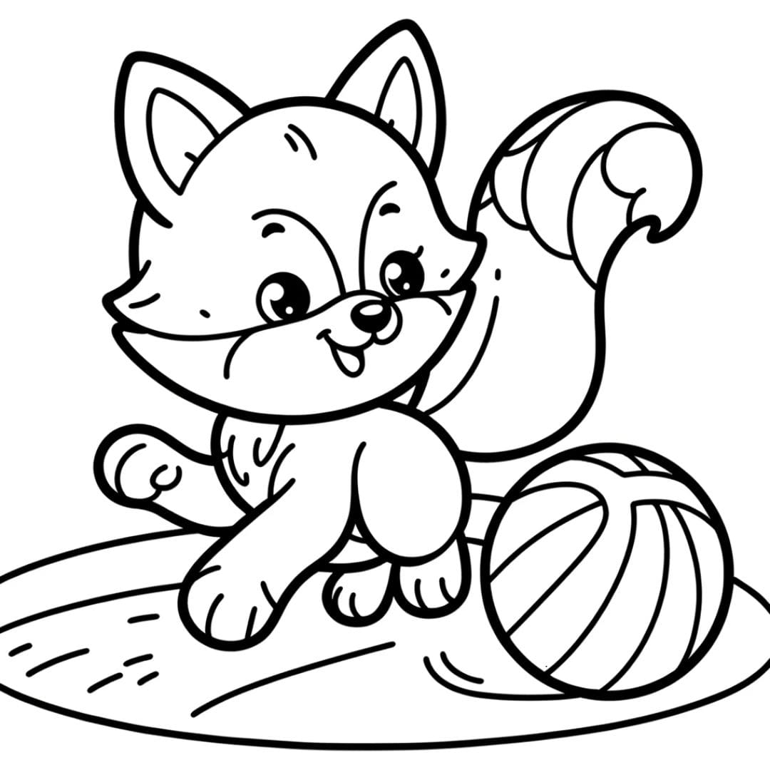 Fox having fun with a balloon, coloring drawing for children