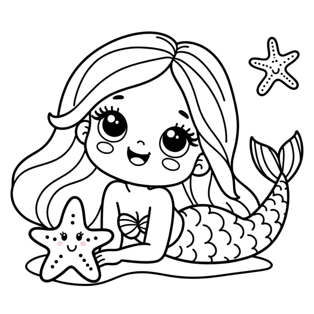Image d'une sirène souriante avec des étoiles de mer, idéale pour les tout-petits