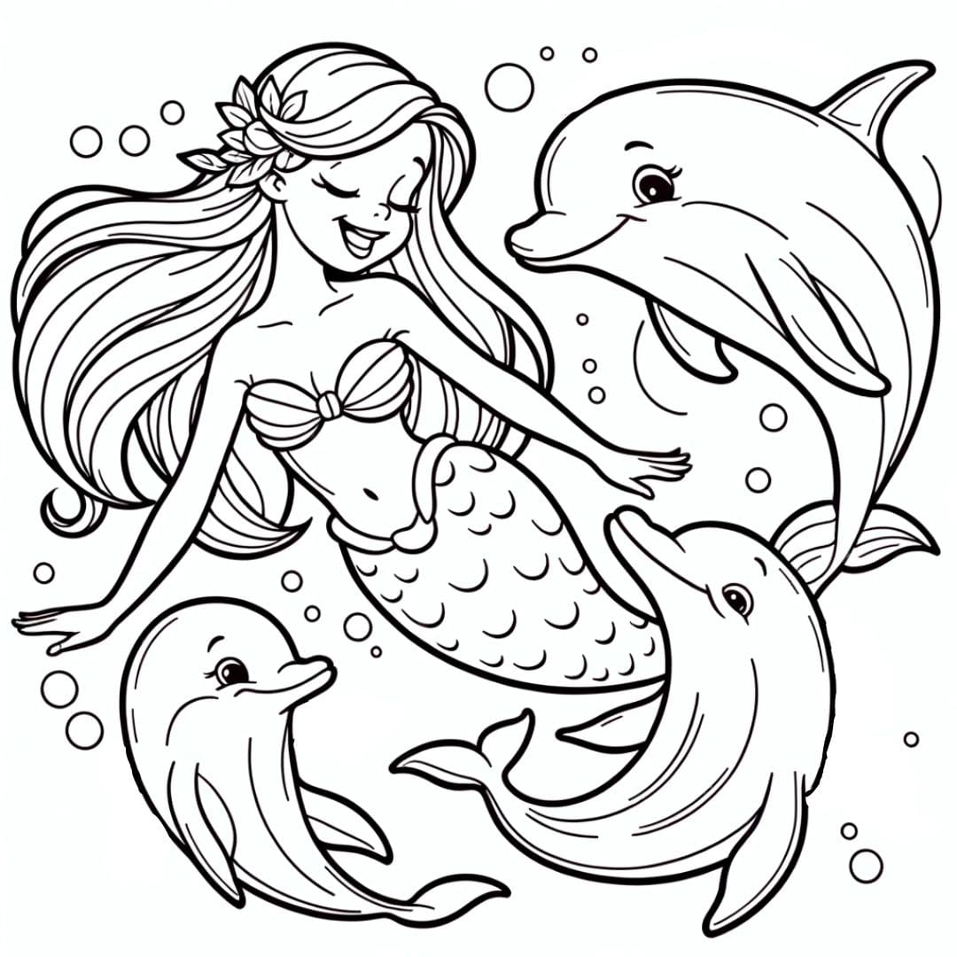 Dessin à colorier de sirène et dauphins pour enfants