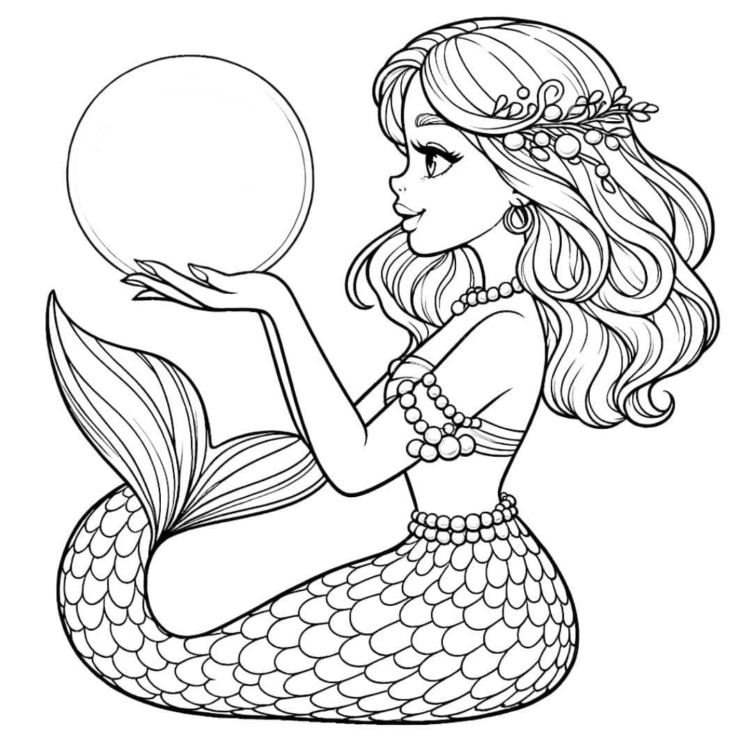 Image à colorier de la Sirène tenant une perle magique dans les profondeurs de l'océan