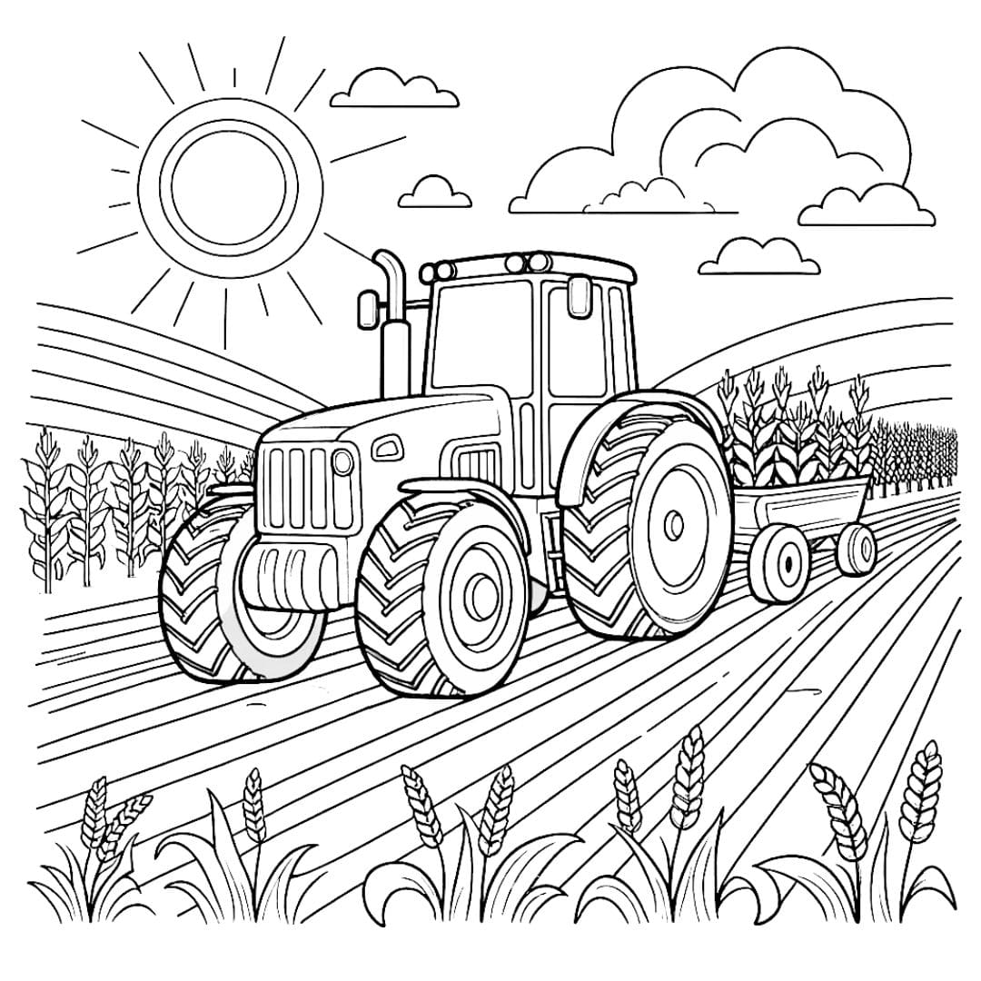 Coloriage Tracteur dans un champ de la ferme