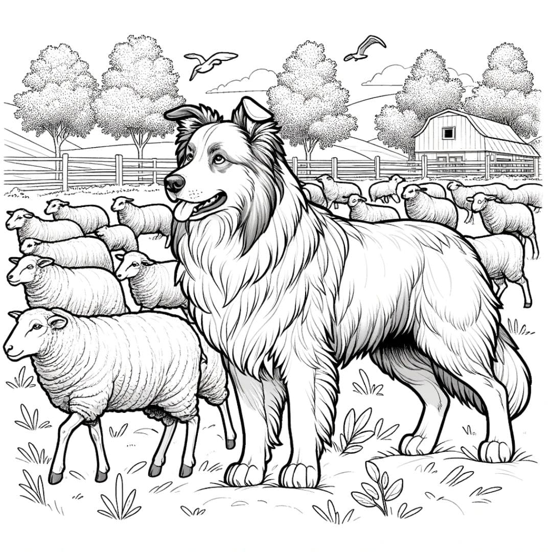 Chien de berger réaliste avec des moutons, parfait pour les activités de coloriage des enfants