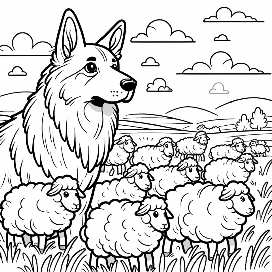 Coloriage d'un Chien de berger avec des moutons